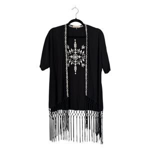 Love Tree Happens Duster S Black Open Front Fringe Tassel Aztec Embroidery Boho